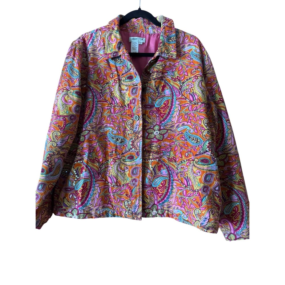 Coldwater Creek XL Cotton Paisley Sequin Embellished Jacket dopamine chic
